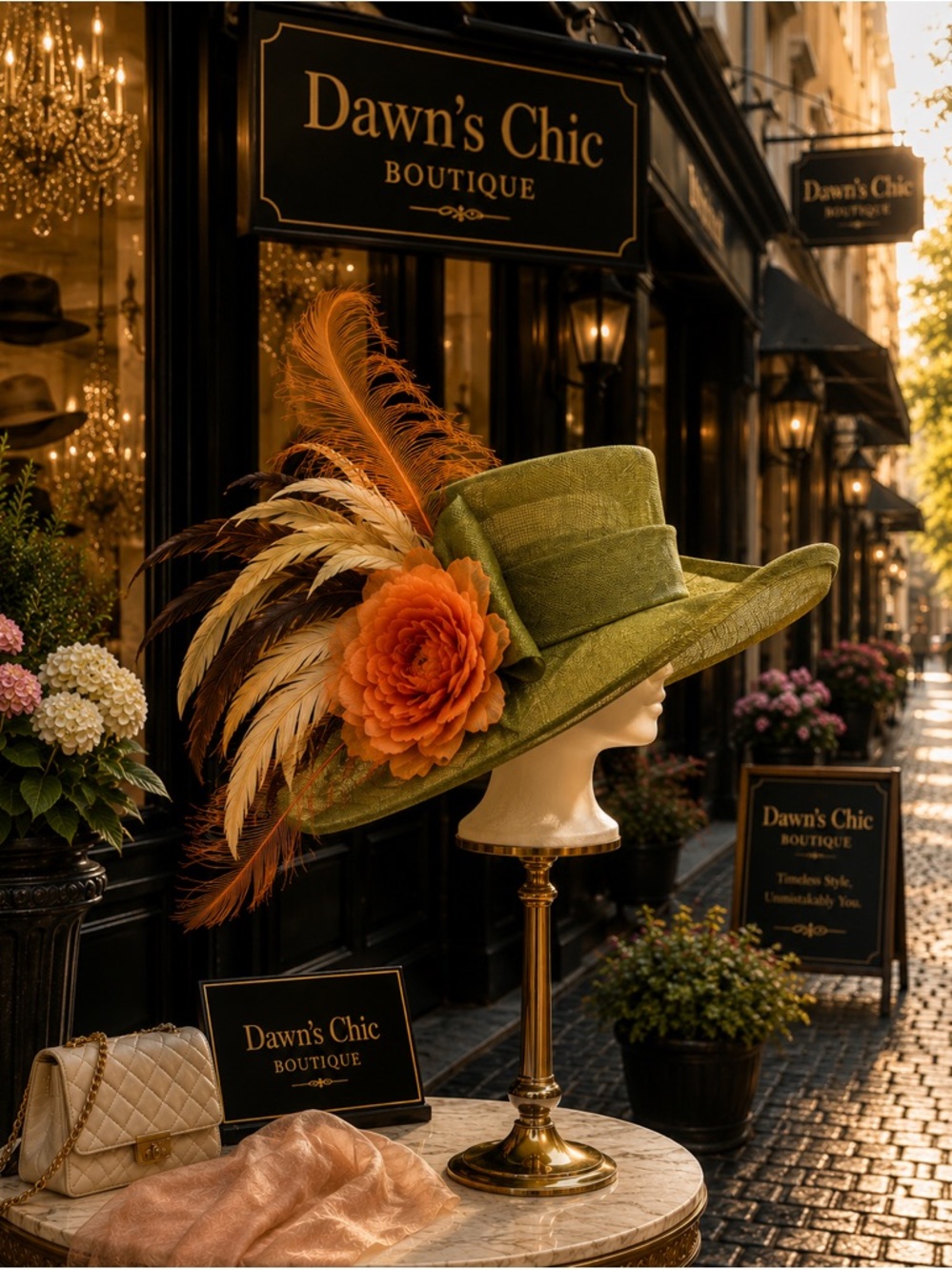 Stunning Olive Green Wide-Brim Hat with Orange Floral & Feather Accent